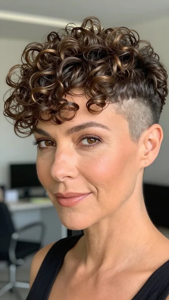 A high-resolution, hyper-realistic portrait of a woman over 40 with a soft curly pixie cut featuring shaved sides. The top has delicate, airy curls with natural volume, while the nape is dramatically shaved to create a bold, modern contrast. The lighting is bright and natural, highlighting sunlit curls and the sleek shaved area, with subtle office lighting suggesting a daytime work environment. The subject has a confident, approachable expression, with soft makeup that enhances her features without overpowering the hairstyle. The curls are well-defined with a light hold, bounce, and sheen, and the shaved nape is crisp and clean. The overall look is fresh, balanced, and fashion-forward, conveying ease of wear for daily styling.