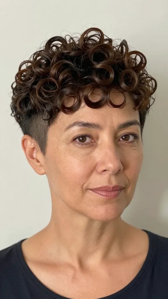 A realistic, high-quality photograph of a confident woman with a classic taper haircut: tightly shaved sides fading into longer, defined curls on top, with a playful bump at the crown. The subject is over 40, showcasing cheekbone and jawline definition, posed in a natural studio setting with soft, flattering lighting that highlights the texture and shine of the curls. She wears a simple, elegant top and minimal accessories, and her makeup is natural but polished, emphasizing her features. The curls on top are well-defined with a subtle gel hold, while the sides remain sleek and matte, creating a striking yet approachable contrast. No text or branding visible in the image.