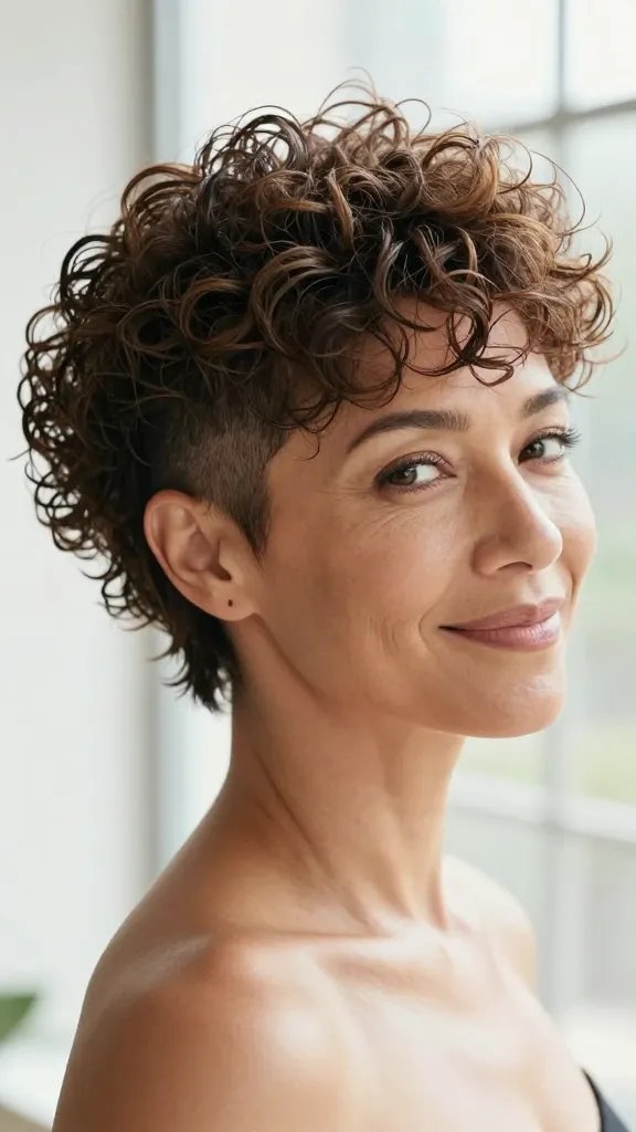 A high-resolution, lifelike photo of a stylish woman with a textured curly pixie cut featuring shaved sides. The main subject should be a woman over 40 with medium-to-dense, natural curls that appear uneven and textured, giving character. One side of the head has a subtle, clean shaved accent to add edge and modernity. She stands in a bright, natural light setting (soft daylight or a lightly diffused studio window) with a confident, relaxed pose, head slightly tilted, and a gentle, natural smile. The hair should look voluminous with defined curls, showing product texture throughout&mdash;finger-combed through damp-looking hair with a light, matte finish to hold the texture. The background is softly blurred to keep focus on the hairstyle and subject, with natural skin tones and minimal makeup for a polished, editorial quality. No text on image.