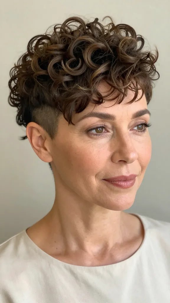A realistic, high-quality portrait of a stylish middle-aged woman with light-to-medium skin tone, showcasing a finger-wuzzed curly pixie cut with shaved sides. The hair features tight finger-style curls on top and front, with a short fringe grazing the eyebrows to frame the face, while the shaved side adds dramatic contrast. The overall look is relaxed yet flirtatious, wearable, and age-appropriate for a woman over 40. The styling highlights include light lift from a lightweight mousse and a subtle shine from a serum applied to the fringe to keep it healthy-looking. The subject is posed in soft natural light, with a neutral, elegant background, wearing a simple, sophisticated top. No text or logos in the image.
