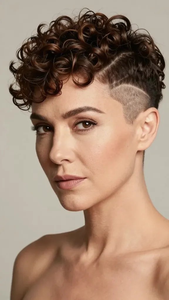 A high-resolution, realistic portrait of a fashionable woman over 40 with a curly pixie cut featuring bold, curved curls and an arrow-band shaved design across the crown. The shaved band should be crisp and graphic, sweeping diagonally from one side of the crown to the other, creating a stylish, design-element look. The subject should have natural, textured curls with a soft, matte finish that enhances definition, wearing minimal makeup and a confident pose. Lighting: soft natural daylight with gentle shadows to highlight the texture of the curls and the precise line of the shaved band. Background: neutral studio backdrop to keep focus on the hairstyle. The overall mood: chic, bold, and effortlessly stylish, suitable for social media and events. No text on the image.