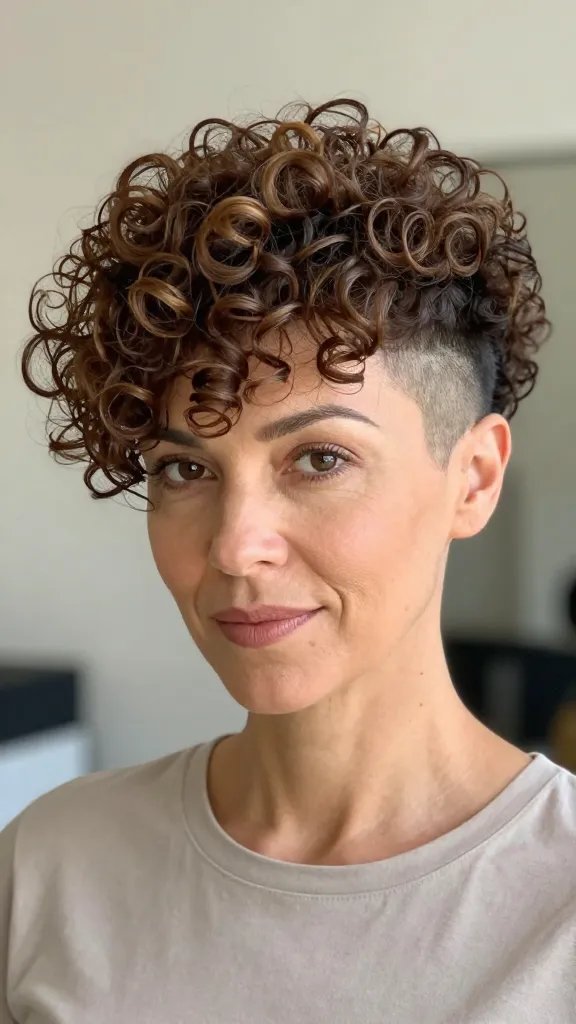 A high-resolution, realistic portrait of a woman over 40 with a fluffy curly pixie cut and shaved sides, standing in a bright, natural light setting. The hairstyle features a voluminous crown with soft, airy curls lifted upward, creating noticeable lift at the roots, while the temples are subtly shaved for a whisper of edge. The curls appear fluffy and soft from a distance, yet reveal structured definition up close, with brush curls directed upward at the roots to maximize bounce. The subject has a confident, relaxed expression, minimal makeup for a natural look, and wears a simple, elegant top in neutral tones. Background softly blurred (bokeh) to emphasize the hair, warm tones to enhance the volume and texture, realistic texture details on each curl, subtle shine on the crown, and clear contrast that highlights the shaved temples without looking harsh. No text.