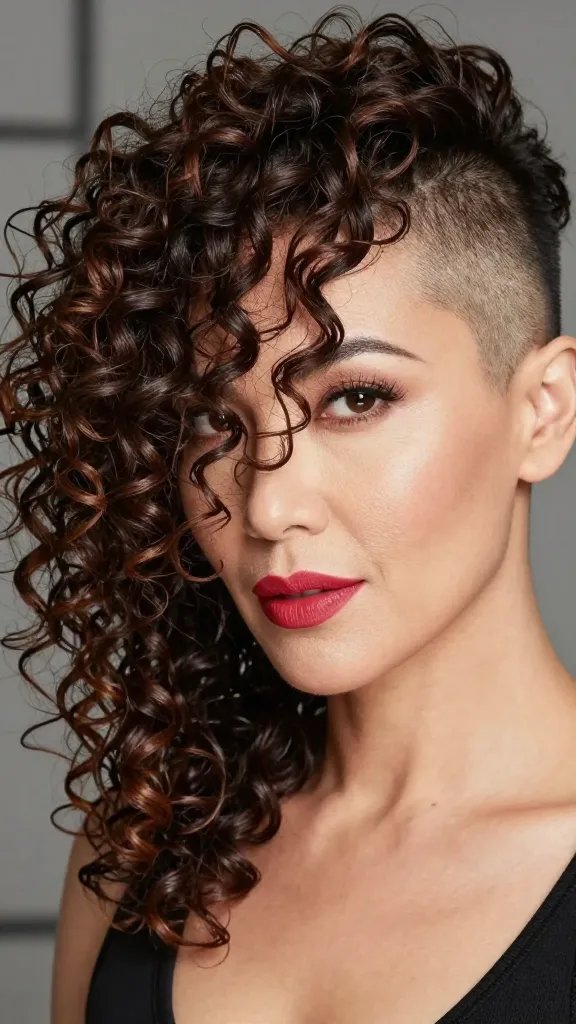 A high-resolution, realistic portrait of a stylish woman with curly pixie hair featuring shaved sides. The left side of her head has longer curls that cascade asymmetrically, while the shaved right side is clean and even, with a subtle, silky shine suggesting a light serum. The longer side slightly covers part of her cheekbone to emphasize her facial structure. She has a confident, radiant expression with bold lipstick in a vivid color, and the lighting highlights the texture and volume of the curls, the smoothness of the shaved area, and the contour of her cheekbones. The background is softly blurred to keep the focus on her hairstyle and face, conveying a modern, fashion-forward vibe suitable for women over 40. No text overlays.