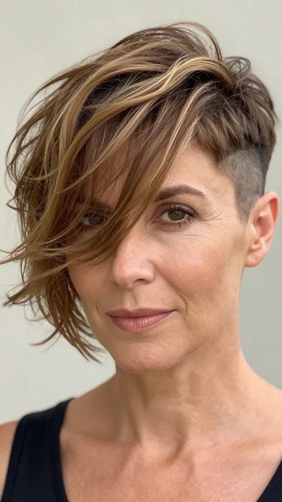 Create a high-resolution, realistic portrait of a confident woman over 40 with a wavy pixie cut that blends soft, beachy waves into a crisp side outline and a shaved or closely cropped side. The main subject should be the focal point, framed in natural light to emphasize texture and movement in the hair. The silhouette should appear contemporary and breathable, with no heavy product sheen; the hair should look light and airy rather than glossy or weighed down. The shaved side should be clearly defined with a sharp edge, contrasting with the gentle waves on top. The color should be natural-looking (soft brunette or warm blonde tones) with subtle highlights to enhance dimension. The subject&rsquo;s expression should be relaxed and chic, conveying grace and confidence as she ages gracefully. Include a minimal background (soft neutral or outdoor setting) to keep the attention on the hairstyle, with no visible branding or text. Use realistic textures: the hair should show wave pattern, individual strands, and the crisp outline, while skin texture and natural makeup should appear polished yet understated. The overall mood is stylish, modern, and approachable. Avoid heavy shine, ensure the hairstyle stays crisp at the outline and side, and suggest texture with a light sea-salt spray effect and a touch of light pomade at the edge for definition without stiffness.