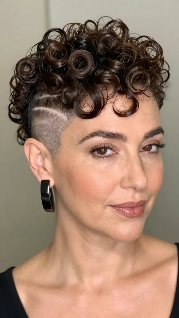 A realistic, high-quality photo of a stylish woman with a curly pixie cut over 40, featuring shaved sides with a tiny, subtle shaved strip that sparkles like a jewel under soft lighting. The curls are voluminous and well-defined, with a natural shine, styled on damp hair using a curling cream for smooth texture. The shaved strip runs along the side and catches light, adding a refined, glamorous accent. She wears bold, statement earrings that complement the shaved detail, and the overall look exudes playful sophistication and effortless elegance. Background is neutral and softly blurred to keep the focus on her hairstyle and facial features; natural makeup with a touch of glow. No text on the image.