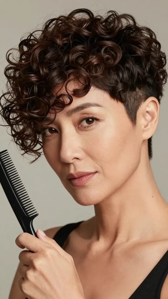 A high-resolution, photorealistic portrait of a stylish woman over 40 with a layered curly pixie cut and a neat side shave. The hair features defined, voluminous curls with strategic layering to create depth and movement, and a crisp, clean side shave line on one side that adds modern edge. The subject should have a confident, relaxed expression and natural makeup, with soft lighting that highlights the curl texture and layering. She is styled to be air-dried, holding a wide-tooth comb near the hair to emphasize frizz-free, smooth layers. The background is neutral and softly blurred to keep full focus on the hairstyle, with natural skin tones and realistic hair texture, showcasing the precision of the shave and the flow of curls. No text on the image.