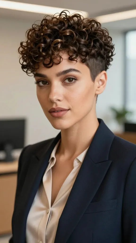 A high-resolution, realistic portrait of a confident woman with a curly pixie cut featuring sculpted curls and a subtle temple fade. The hairstyle is polished and refined, with defined, bouncy curls on top and temples faded short for an airy feel. She wears a chic, professional outfit suitable for desk-to-dinner transitions (a tailored blazer over a silk blouse). Lighting is natural and flattering, with soft, even illumination and a hint of glow on the curls to emphasize shine from light oil without weighing hair down. The background is a modern, neutral office setting with warm tones, softly blurred to keep the focus on her hairstyle. The subject faces slightly to the side, eyes forward, exuding confidence and adventure, with subtle makeup that enhances her features while remaining sharp and polished. No text on image.