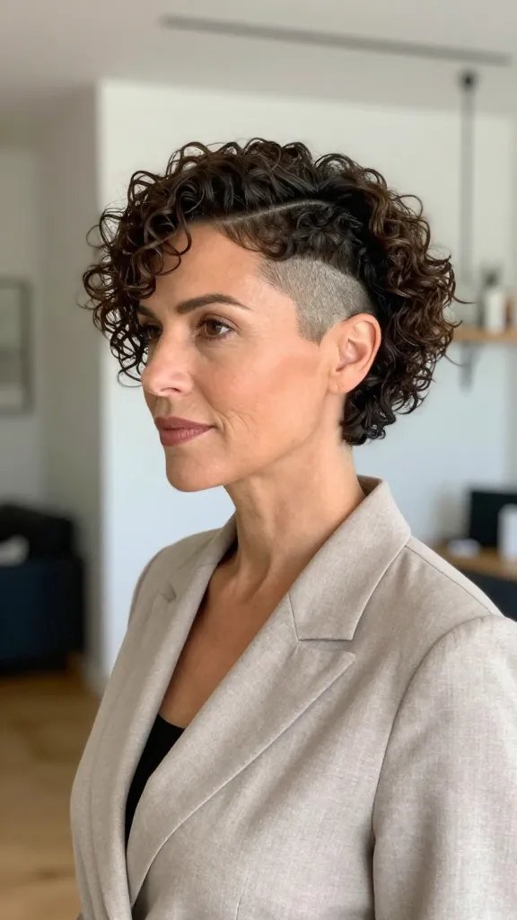 A realistic high-quality photo of a stylish woman with a short coily mini bob and a shaved side, standing in a softly lit modern interior. The hairstyle features a precise, clean shaved line on one side, creating a bold yet refined silhouette that enhances the mini bob&rsquo;s sculpted shape. The woman has fine-to-medium textured curls with defined coils, giving volume and lift around the crown while the shaved side adds contrast. She wears a chic, neutral-toned outfit that complements the cut, with natural makeup that highlights her features. The lighting is balanced to emphasize the crisp shave line, the texture of the curls, and the overall polished look, capturing a confident, age-appropriate style for women over 40. No text on the image.