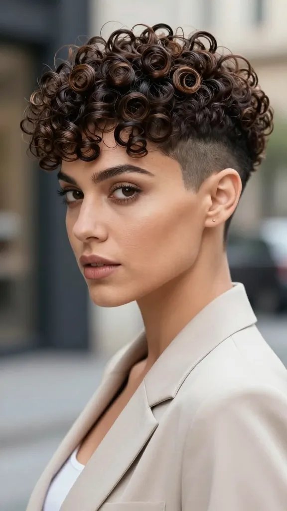 A high-resolution, realistic portrait of a stylish woman with a curly pixie cut featuring spirals and an under-side shave. The subject stands in a softly lit, modern urban backdrop with a shallow depth of field that blurs the background, bringing attention to her hair. Her spirals are defined and voluminous, glossy with a healthy shine, and the under-side shaved area is smooth and precise, creating a bold, dramatic contrast that highlights the silhouette. She wears a chic, contemporary outfit in neutral tones that complements the hair, with minimal accessories to keep the focus on the hairstyle. The lighting emphasizes texture and curl pattern, capturing natural makeup, confident expression, and a camera-ready vibe perfect for a night out with friends. No text, hyper-realistic detail, and natural skin tones.
