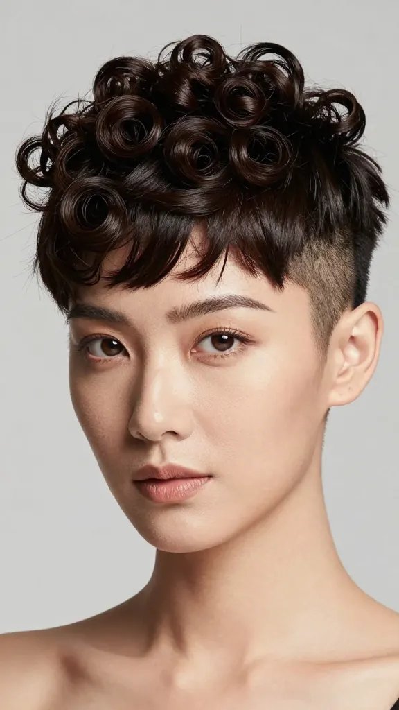 A high-resolution, photorealistic portrait of a stylish woman with a cropped bob-pixie hybrid hairstyle featuring prominent crown curls piled on top and a clean, precise side shave. The hair should appear glossy with defined, bouncy curls at the crown that add volume, while the shaved side is crisp and neatly executed, creating a bold, confident look. The subject has a square or angular face shape softened by the curls, a composed and poised facial expression, and subtle, natural makeup to highlight features. Lighting is soft and flattering, with a neutral studio backdrop that emphasizes the haircut details, including the neat shave line and the curl texture. The overall image exudes modern sophistication and timeless confidence, suitable for a fashion-forward portrait. No text on the image.