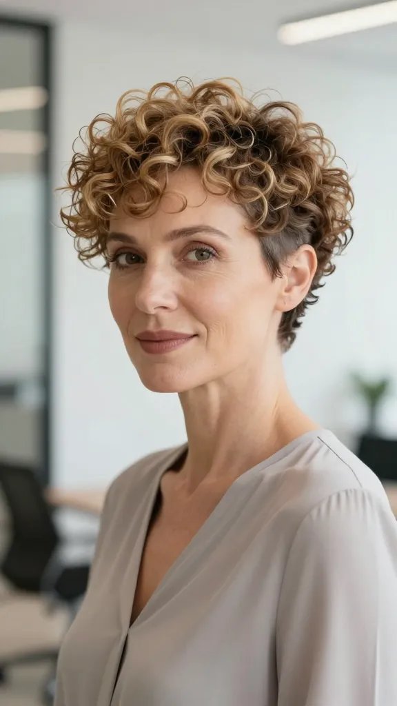 A high-resolution, lifelike portrait of a stylish woman over 40 with a minimalist curly pixie cut featuring a barely-there shaved side. She has soft, natural makeup and a confident, approachable expression, posed in a bright, modern office setting with clean lines and neutral tones. Her curls are light, bouncy, and movable, giving a chic, professional vibe without looking overdone. The shaved side is subtle and barely visible, blending seamlessly into the short, textured pixie on one side. She wears a simple, elegant blouse in a muted color and minimal jewelry. Soft natural lighting enhances her skin tone and the texture of the curls, with a shallow depth of field that keeps the focus on her hairstyle and facial expression. No text on the image.