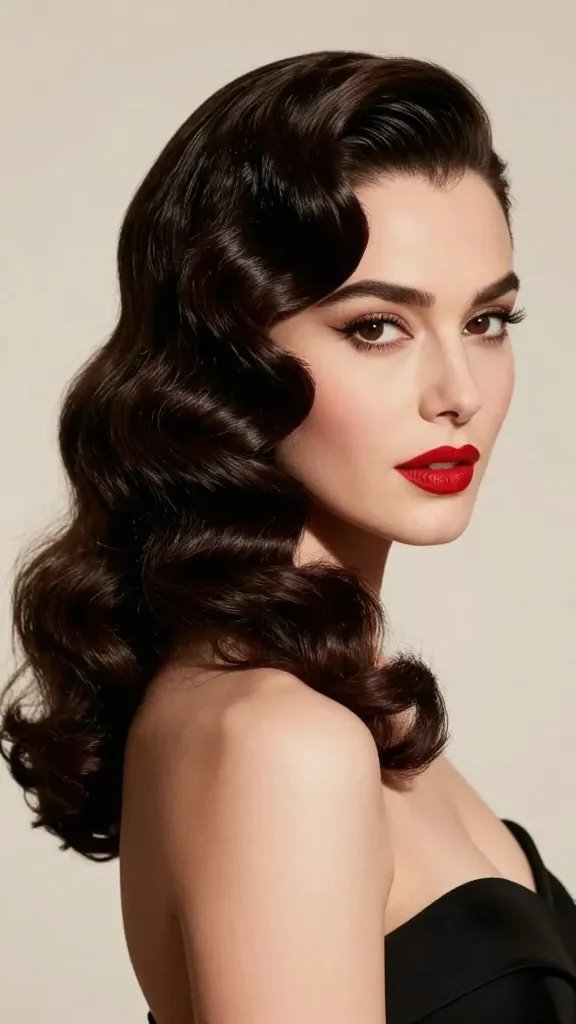 A high-resolution, glamorous portrait of a woman with classic deep finger waves styled for a red carpet or old Hollywood glamour look. The hair features dramatic, smooth, sculpted ridges with the sides slicked back, crisp wave definition along the temples and crown, and a glossy finish. The lighting is cinematic and soft, highlighting the deep waves and the silhouette against a neutral, elegant backdrop. The subject has flawless makeup with a timeless red lip and subtle smoky eyes, wearing a sophisticated formal gown with clean lines. The overall mood is luxurious and timeless, suitable for a formal event or date night, with no text or logos in the image.