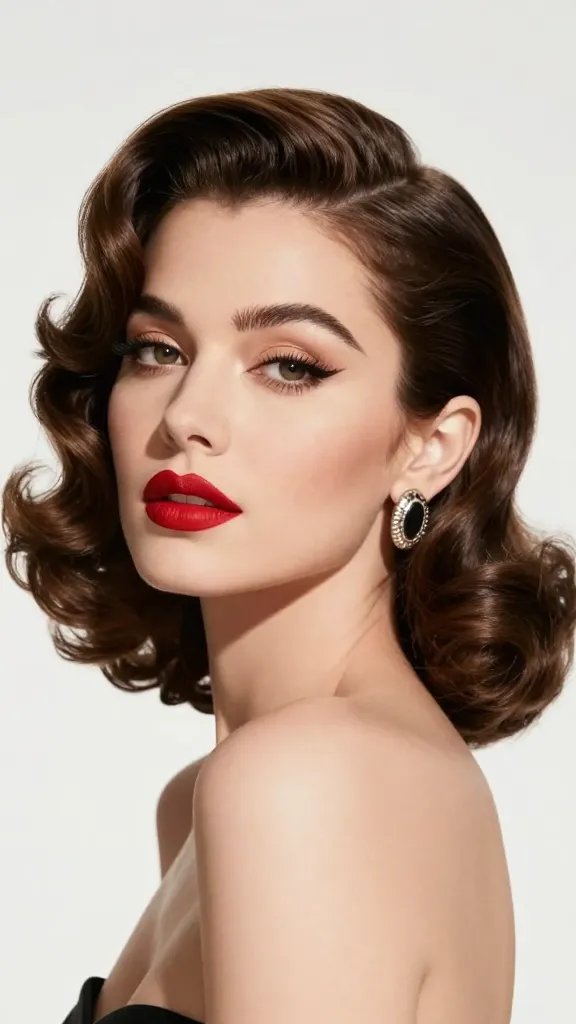 Create a high-resolution, hyper-realistic portrait photo of a stylish woman with a glamorous 1930s-inspired side-swept finger wave hairstyle. The wave should be tilted dramatically to one side to frame her face, with the front wave pinned neatly behind the ear for security. Her makeup features a bold lip and subtle, elegant eye makeup, complemented by statement earrings. The rest of the hair should be sleek along the crown and softly tousled at the ends. The overall vibe is polished yet playful, exuding timeless vintage flair. The lighting is soft and flattering, with a clean, uncluttered background that emphasizes the subject and the hairstyle. No text on the image.