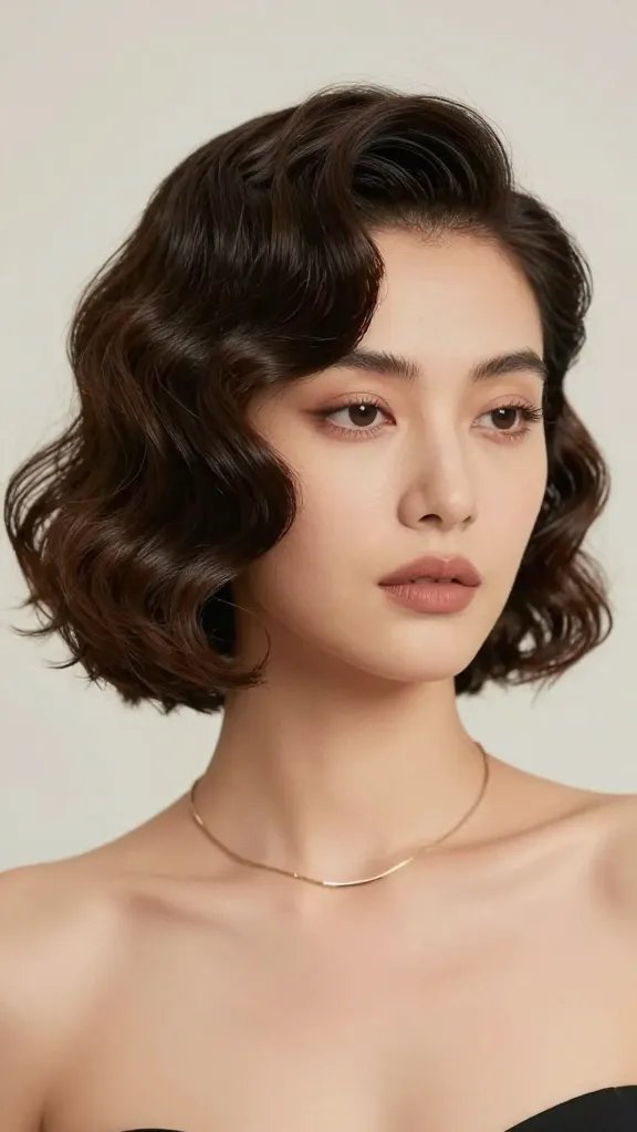 A high-resolution, fashion-forward portrait of a woman with 1920s-inspired finger wave hairstyle reimagined with modern texture. The waves are sleek and defined with a glossy shine on the ridges and a subtle matte surface between ridges to create striking contrast. The hair has lift at the roots achieved with a diffusion dryer, giving airy volume without frizz. The look is polished yet contemporary, suitable for a gallery-worthy photoshoot or chic party setting. The subject is styled with a soft, neutral makeup look and minimalist jewelry to keep the focus on the hair, set against a clean, softly lit studio backdrop with shallow depth of field that blurs the background. No text on the image.