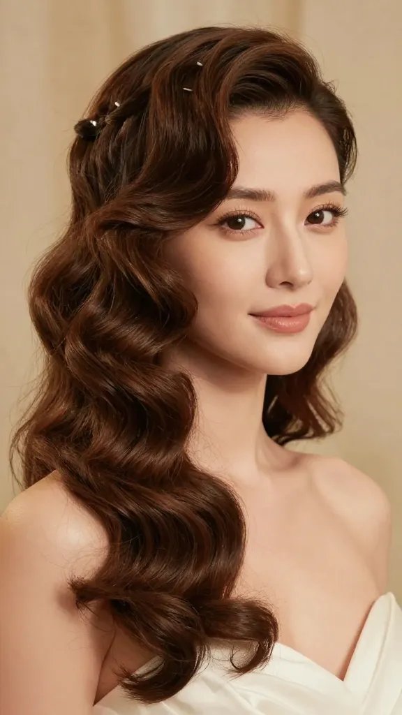 A high-resolution, photo-realistic portrait of a woman with a timeless half-up finger wave crown hairstyle. The upper sections of hair are styled into a delicate, sculpted crown of soft waves that wrap around the top of the head, while the rest of the hair cascades in loose, glossy waves down to the shoulders. The waves should have a vintage finger wave texture with a modern, airy finish. The crown is secured with small, discreet pins placed in a subtle zigzag pattern for grip. The front waves softly frame the face, creating a romantic and feminine silhouette. The subject is dressed in an elegant, shoulder-baring gown or dress suitable for a wedding, dance, or date night, set against a dreamy, softly lit backdrop with warm, flattering lighting that enhances the sheen of the hair and the classy, timeless vibe. Realistic skin tones, natural makeup with emphasis on luminous skin and defined eyes, and a poised, gentle expression as the subject gazes slightly off-camera. No text or branding visible in the image.