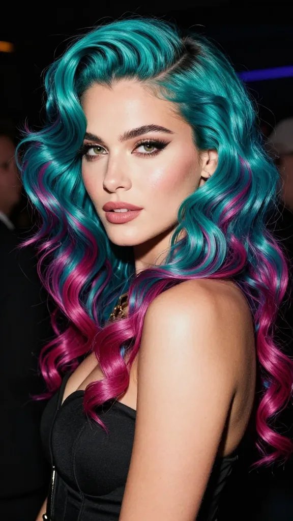 Create a high-resolution, realistic portrait of a stylish woman with retro finger waves styled to perfection, featuring a bold, modern color twist. The waves should have defined ridges with dimensional color&mdash;electric teal and deep magenta interwoven through the hair, creating contrast and depth as light hits each ridge. The subject should have a confident pose at a party/concert setting, with a subtle, radiant glow on the skin, flawless makeup that emphasizes eyes and lips, and a chic, contemporary outfit that complements the vibrant hair. The lighting should be dynamic and flattering, highlighting the texture and gloss of the finger waves while avoiding any text or logos in the image. The overall vibe is timeless yet bold, ready for a high-fashion photoshoot or a glamorous night out.