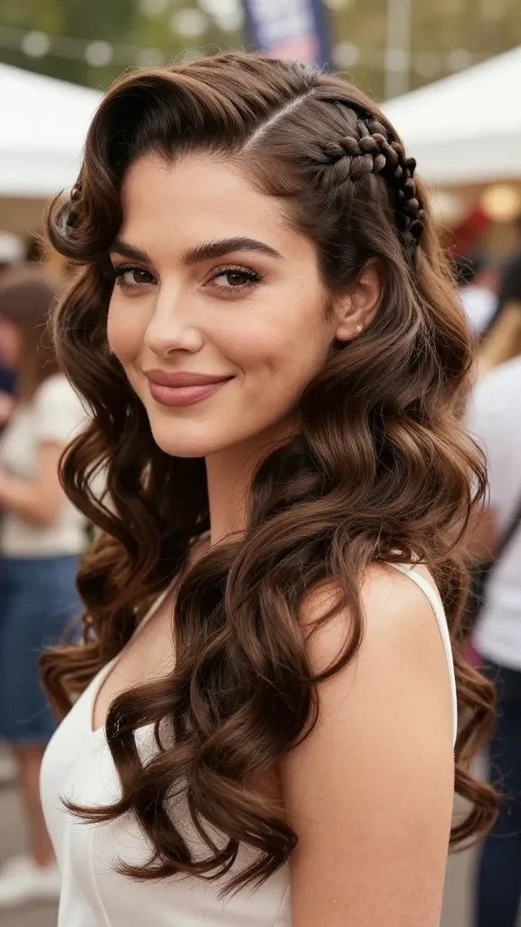 A high-resolution, realistic portrait of a stylish woman with a sophisticated 1920s-inspired finger wave hairstyle integrated with small, tight braids near the scalp. The waves cascade smoothly across the head with the braids woven along the crown and sides for texture, creating dynamic movement as she tilts slightly and smiles. The braids should be crisp at the scalp and gradually loosen into flowing finger waves, maintaining a balanced silhouette. The lighting is soft and natural, highlighting the glossy, retro sheen of the waves and the intricate braid pattern. The setting is a casual, festive environment&mdash;perhaps a sunlit outdoor festival or a chic weekend gathering&mdash;evoking a relaxed yet polished vibe. The subject should have clear, expressive eyes, flawless skin, and a confident, approachable demeanor, with hair occupying the central focus of the frame. No text visible in the image.