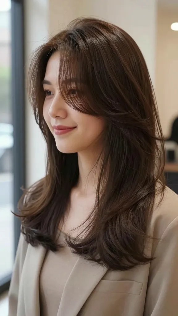 A high-resolution, cinematic portrait of a stylish person with chic, sleek front waves and a minimally styled back, captured in natural indoor lighting near a large window. The subject has a heart-shaped or rounded face, with a smooth, glossy forehead and a gentle wave framing the front that lightly brushes the eyebrows. The back is neatly kept smooth with a subtle, barely-there gel shine, creating a clean contrast to the voluminous front waves. The hair is medium length, softly parted to one side, with the wave cascading diagonally across the forehead and tapering into a sleek nape. The subject wears casual, stylish attire suitable for a daytime outing&mdash;simple top or blazer in neutral tones&mdash;and an effortless, relaxed expression with a hint of a smile. The background is softly blurred to emphasize the hairstyle, with warm, natural tones and minimal shadows to highlight the texture and shine of the waves. The overall mood is modern, timeless, and approachable, suitable for a casual date or day out shopping. No text in the image.