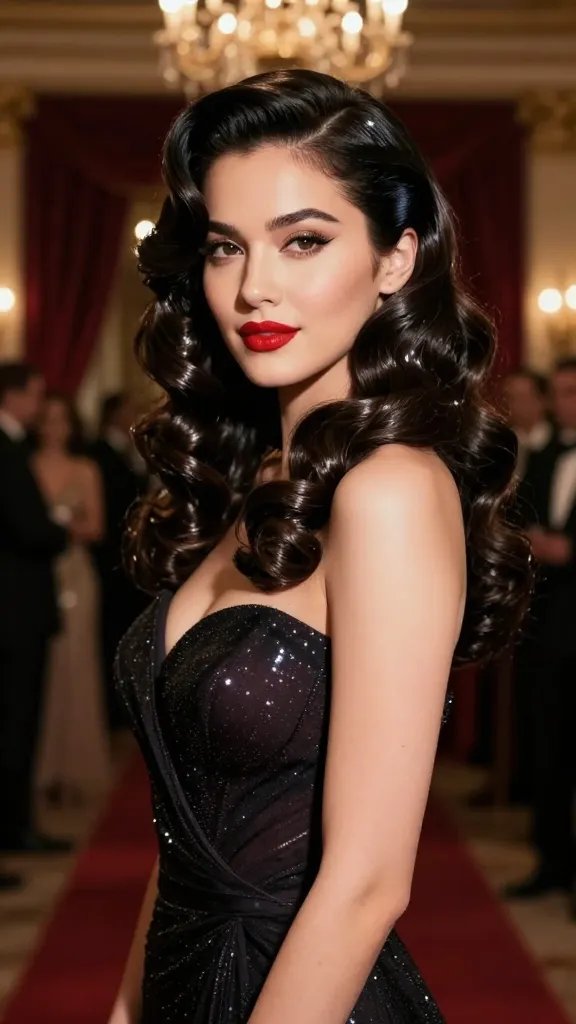 Create a hyper-realistic, high-quality photograph of a single, confident woman styled in 1940s-inspired finger waves with a modern high-shine twist. She stands in an elegant gala setting with soft, cinematic lighting that creates a glamorous, glossy finish on her wavy hair. The waves are deep and crisply defined, reflecting a mirror-like glaze that catches the light from a chandelier above. Her makeup is classic with bold red lips, winged eyeliner, and luminous skin, conveying a timeless, camera-ready vibe. She wears a sophisticated, dark evening gown with subtle sparkle and a refined silhouette, and a sleek updo twist blends into the waves for seamless shine. The background should be softly blurred to emphasize the subject, with warm tones and a hint of luxury, such as velvet drapes and a refined event ambiance. No text or logos in the image.