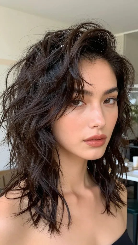 A high-resolution, realistic portrait of a woman with 1920s-inspired finger waves styled in a messy, bedhead look. The waves are deliberately imperfect, with a few ridges loosened and natural texture visible, giving a chic, effortless vibe. The hair should have a slightly tousled finish, with sea salt spray texture for casual grit and subtle shine. The setting is a stylish daytime scene&mdash;soft natural light, neutral-toned background, perhaps a brunch or day party ambiance in the background&mdash;evoking a cool, low-effort aesthetic. The subject, a confident, stylish woman, is styled from the shoulders up, facing the camera with a relaxed, approachable expression. The overall mood should be modern, timeless, and glamorous in a laid-back way, with realistic skin tones, detailed hair texture, and natural makeup that enhances rather than competes with the hairstyle. No text on the image.