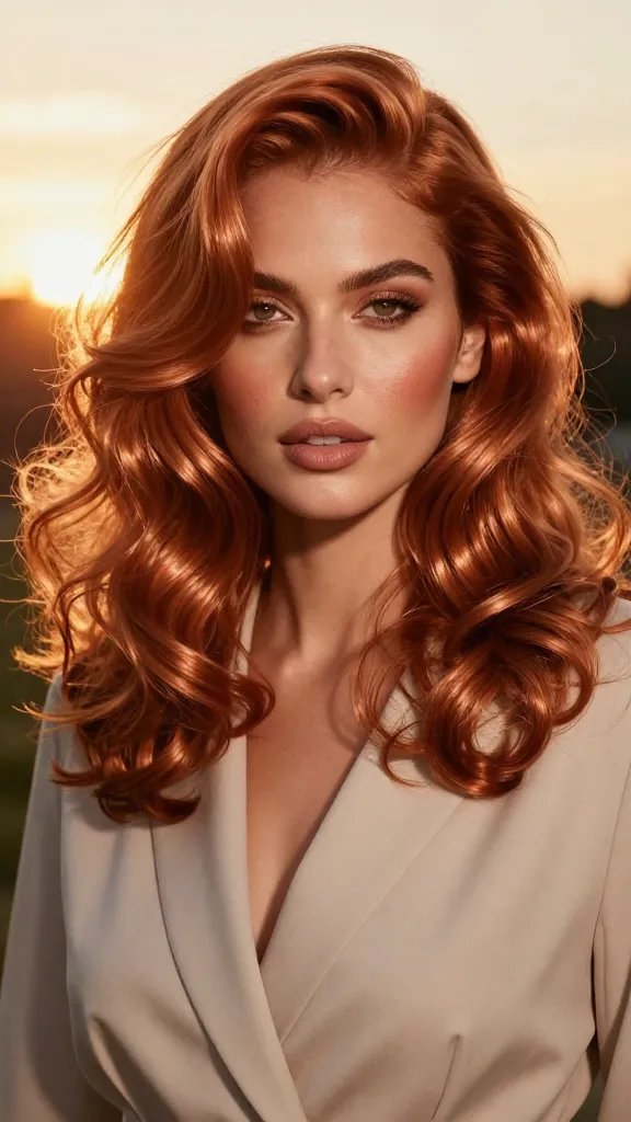 A high-resolution, cinematic portrait of a stylish woman with copper-toned finger waves, set in a warm, golden-hour glow. The hairstyle features soft, defined finger waves framing the face with a rich, luminous copper color that catches sunlight, creating warm ember highlights. The subject has flawless, sun-kissed makeup with bronzed cheeks and a subtle nude lip, wearing a chic, minimalist outfit in neutral tones. The background is an outdoor sunset scene with gentle bokeh lights, enhancing the warm tones and brass-free, purple-shampoo-refreshed shine. The image should look natural, editorial, and sophisticated, with crisp details in the waves, glossy hair, and radiant skin, and no text or logos anywhere in the frame.