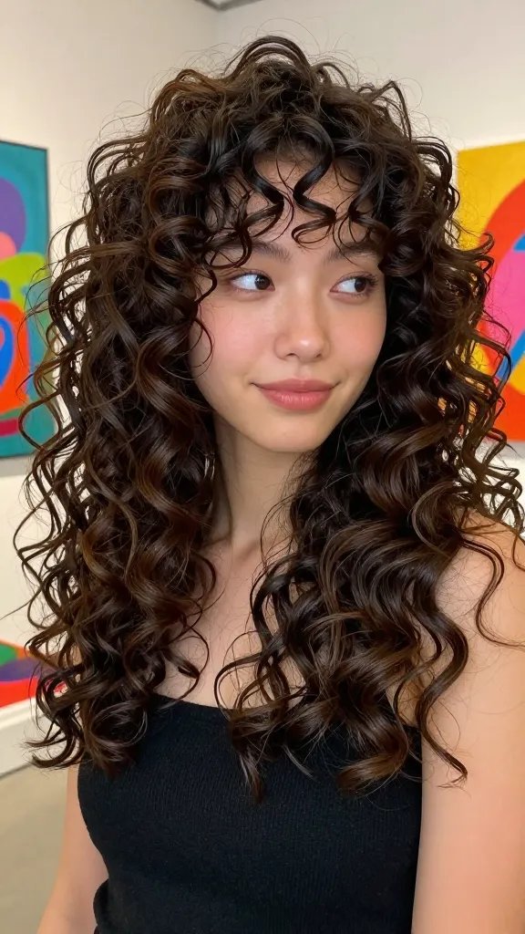 A high-resolution, photorealistic portrait of a stylish individual with a bold, modern curl-pull hybrid hairstyle. The hair combines tight, defined curls with soft, flowing waves to create pronounced texture and multi-dimensional depth. The subject is posed in a creative, artsy setting&mdash;soft, colorful gallery lighting with abstract, vibrant color accents in the background that hint at an art opening or pop-up shop vibe. Hair sections are slightly angled in alternating directions to showcase the clip-diffusion technique, with a natural, flexible-hold finish that maintains bounce and shape. The subject has a confident, playful expression and is styled with minimal, chic makeup to keep the focus on the hair. The image should be ultra-realistic, crisp, and richly detailed, capturing the sheen and definition of both curls and waves, the texture of the hair, and the lively color atmosphere of a stylish, texture-forward event. No text or logos in the scene.