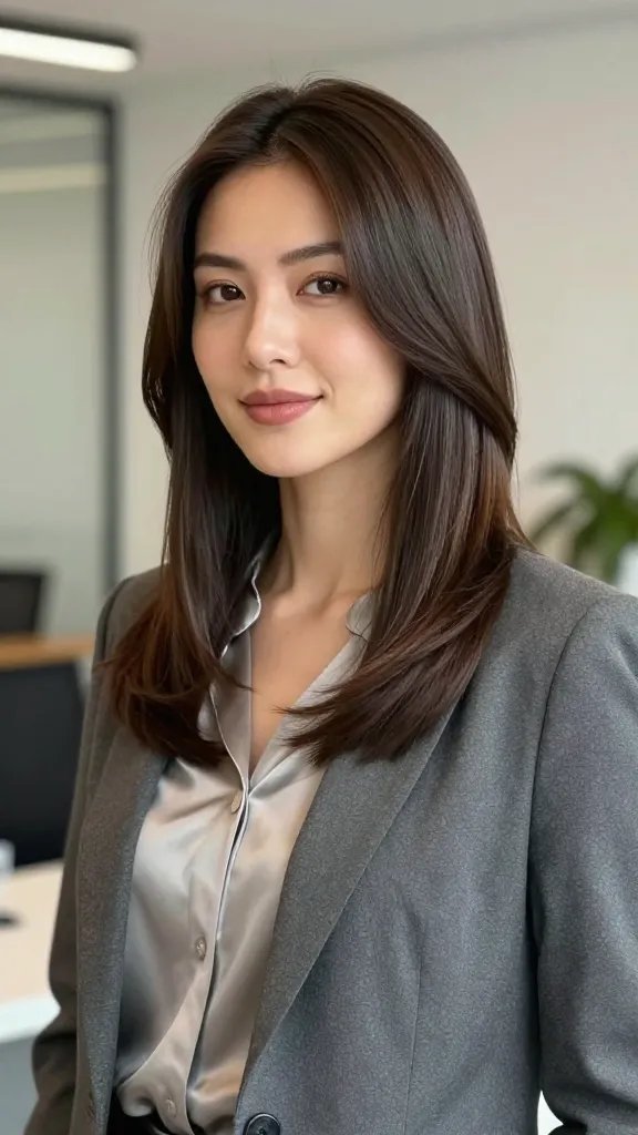 A high-quality, realistic portrait of a stylish woman with a slender minimalist straight-wave accent at the crown, positioned to frame her face beautifully. She stands in a softly lit, modern office setting with neutral tones and subtle texture in the background. Her hair is smooth with a gentle, natural texture elsewhere, and the wave sits at the crown near the temple, creating a refined, understated statement. She wears smart casual attire&mdash;a tailored blazer over a silk blouse&mdash;subtle makeup emphasizing a fresh, professional look. The shot is a medium-close portrait with the subject slightly turned to highlight the wave, capturing a confident, approachable expression suitable for an interview or office day. High-resolution, photorealistic, natural skin tones, crisp details in hair and fabric, no text.