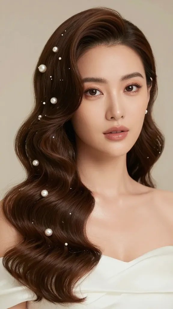 A high-resolution, photorealistic portrait of a stylish woman with side-parted sculpted waves cascading along one side of her head, featuring several elegant pearl pins securing the wave and accented by a subtle, refined glam. The subject is centered in a softly lit studio setting with a neutral, luxurious backdrop; makeup is polished with a natural glow, defined eyes, and a nude lip. The overall vibe is timeless chic and sophisticated, suitable for a wedding or formal milestone event. The hair shines with healthy texture, the pearl pins glint subtly under warm lighting, and the finish shows a light-hold spray sheen for a flawless, photo-ready look. No text or branding in the image.