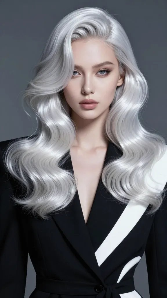Generate a hyper-realistic, high-fashion portrait of a stylish woman with platinum frosted finger waves, styled in bold, icy tones that create sharp, defined wave lines and striking contrast against her skin and wardrobe. The hair should have a glossy, cool-tone shine with meticulously sculpted waves that frame the face in an editorial, high-contrast look. The subject should wear a sleek, minimalist outfit in monochrome (black, white, or charcoal) to emphasize the hair, with cool lighting that enhances the icy hue and glossy finish. The background should be subdued and softly out of focus to keep full attention on the waves, with a subtle vignette to add drama. The overall mood: bold, sophisticated, and futuristic, suitable for an editorial shoot. Ensure realistic skin texture, precise wave definition, and natural posing that conveys confidence and poise. No visible text.