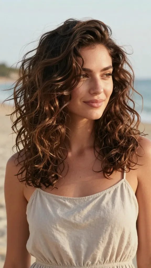 Create a realistic, high-quality photo of a single female subject with a crown-swept beachy wave hairstyle, positioned to emphasize a halo-like wave around the crown. The hair should have relaxed, loose beachy texture with soft movement as if diffused on low heat and enhanced with a subtle sea-salt spray for natural bend. The scene is outdoors on a sunlit day with a casual, daytime vibe&mdash;perhaps at a light summer picnic or a breezy seaside setting. The subject has a carefree, radiant expression and wears a simple, chic sundress in neutral tones that complements the effortless hairstyle. Lighting is natural and warm, highlighting the soft texture and volume of the waves without harsh shine. The overall mood is relaxed chic, with the focus clearly on the crown-swept waves and their halo-like placement around the head. No text or logos in the image.