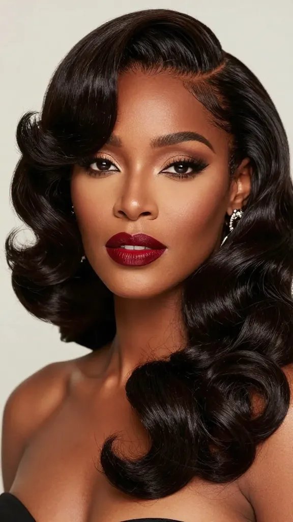 A high-definition, realistic portrait of a Black woman with a classic deep wave crown hairstyle. The hair forms a polished crown around the top and sides of the head, with defined, glossy deep waves that frame the face and cascade gently toward the nape. The waves are styled with a light gel for lasting hold, giving a sleek, elegant shine. The subject wears a bold lip color (red or deep berry) and statement earrings, radiating sophistication suitable for a formal event or photoshoot. The lighting is soft and flattering, emphasizing the hair texture and contours of the face, with a neutral elegant backdrop that keeps the focus on the hairstyle. The overall image exudes regal confidence, glamour, and timeless chic, with no text or logos in the frame.