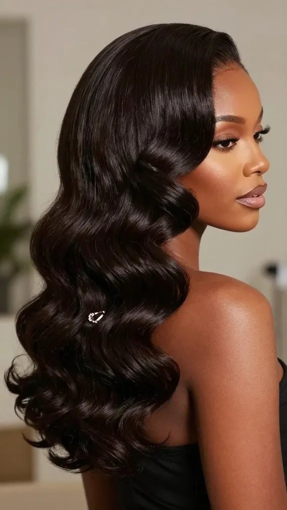 Create a realistic, high-resolution portrait of a stylish Black woman with a side-swept finger wave ponytail. The waves should flow smoothly to one side, with a sleek, polished ponytail that elongates the neck and adds drama. The subject should be posed in a refined, half-profile or three-quarter view to emphasize the side-swept waves and balance. Ensure the edges are impeccably smooth with a subtle, natural sheen, reflecting light to highlight the wave pattern. The overall vibe is modern-cashmere chic with retro influence, suitable for date night or events. Accessories: a small jeweled clip or a delicate scarf wrapped around the base of the ponytail. The background should be softly blurred (bokeh) in neutral tones to keep full focus on the hairstyle and subject&rsquo;s expression. The subject&rsquo;s makeup is elegant and minimal, with defined brows, soft neutral eyeshadow, and a natural lip color. No text on the image.