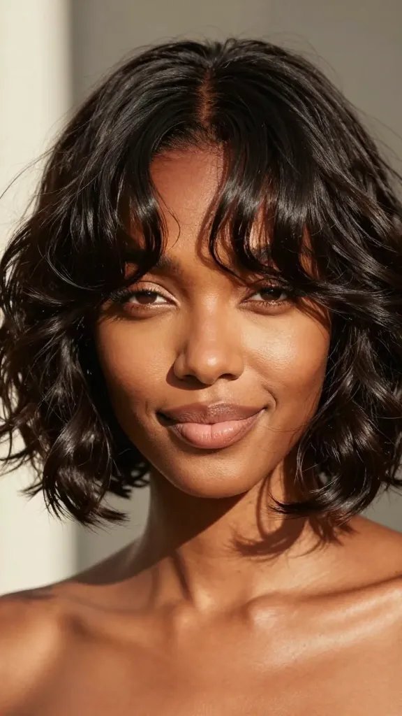 A high-quality, close-up portrait of a stylish Black woman with a modern finger wave bob featuring a playful flip at the ends. The hair is short and sassy with tight, glossy finger waves that frame the face, the ends flipped outward to create a flirtatious, frame-defining silhouette. The lighting is natural sunlight, casting soft, warm highlights that enhance the wave pattern and texture. The subject&rsquo;s expression is confident and radiant, with a subtle smile and direct gaze. The overall look is polished yet effortless, showing off smooth, defined waves and a healthy, frizz-free finish. Accessories are minimal to keep the focus on the hair and face, and the background is softly blurred to emphasize the subject. The image should resemble a fashion-forward, editorial-style portrait with realistic skin tones, detailed wave texture, and natural sheen, without any text.