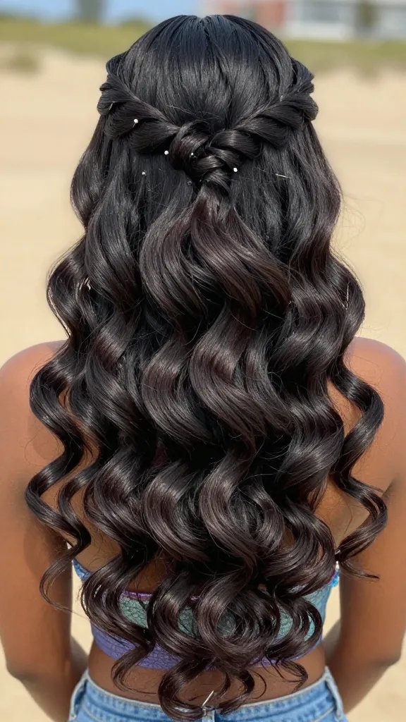 Create a hyper-realistic, high-resolution photo of a Black woman with elegant mermaid-wave hair styled in a half-updo. The waves should cascade from the crown to the tips, with the top section gently pinned back using tiny clear pins, creating a chic half-up silhouette. Subtly crimp or wrap the ends to add a soft, shimmering texture. The hairstyle should exude mermaid vibes and modern edge, suitable for a brunch, beach day, or playful night out with friends. The lighting should be natural and flattering, highlighting the texture and shine of the waves, with a soft outdoor setting (sand or light breeze) and a warm, vibrant color palette. No text on the image. The main subject should reflect the article title prominently.