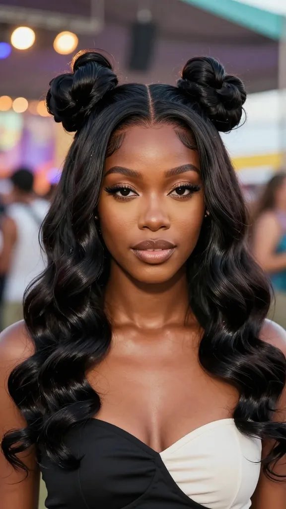A high-quality, realistic portrait of a stylish Black woman with a radiant, festival-ready look featuring two glossy finger wave space buns perched atop her head. The waves should be crisp and well-defined, seamlessly transitioning into two playful mini buns that sit symmetrically for a balanced, center-parted silhouette with a clean line down the middle. The styling should exude bold, Instagrammable charm while maintaining structure and versatility for day-to-night wear. The subject stands against a vibrant, softly blurred indoor festival-lit backdrop with warm bokeh lights, wearing a chic, contemporary outfit that complements the waves&mdash;glossy, flexible-hold finish evident on the hair for a polished yet effortless vibe. The image should capture natural lighting that highlights the texture and sheen of the waves, with no text or logos visible on the image.