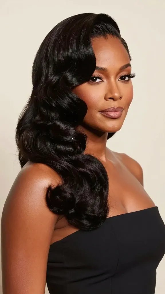 A high-quality, realistic photograph of a Black woman with a glamorous vintage-inspired hairstyle: a deep, precise side part with smooth, glossy waves cascading softly, showcasing a Hollywood-glam look updated for modern flair. The sides near the temple are sleek and polished, with a subtle light-reflective shine across the waves to evoke red-carpet radiance. She stands in an elegant setting with soft, flattering studio lighting that highlights the contours of her face and the glossy wave texture, a poised, confident expression, shoulders angled slightly, wearing a chic, formal outfit appropriate for events or anniversaries. The scene emphasizes timeless sophistication, dramatic yet approachable, with a clean background that ensures the hairstyle remains the focal point. No text.