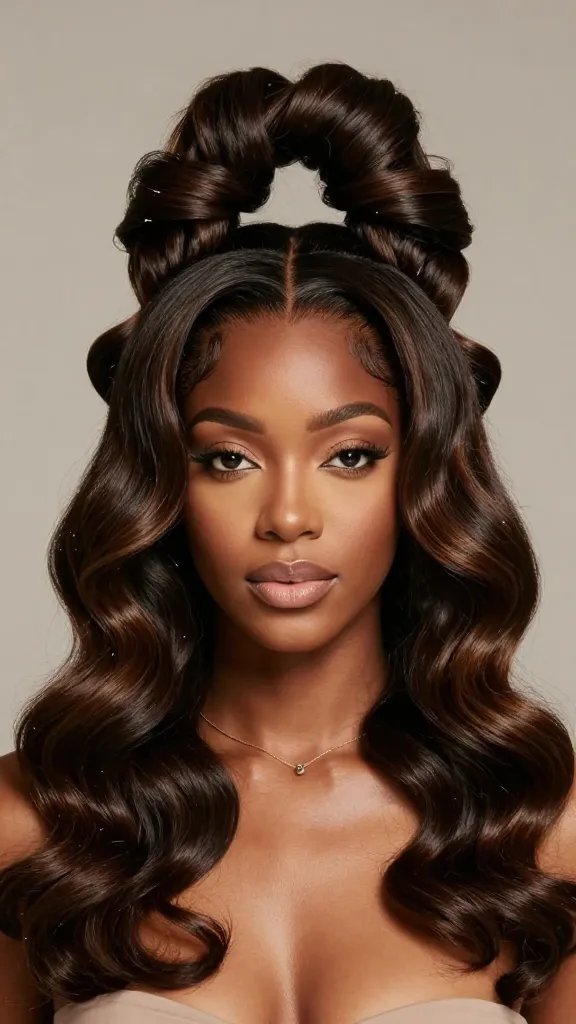 A high-resolution, photorealistic portrait of a stylish Black woman with an ethereal double wave crown hairstyle featuring two intertwined wave bands that form a dreamy, couture-inspired look. The waves should be precisely formed with mirrored symmetry, clean lines, and a soft, luminous shine, set against a subtle, neutral background that enhances the hair without distractions. The hair should have a delicate, glossy finish with gentle highlights to emphasize the precision waves, and the crown should include small, understated pins placed subtly along the waves, not overpowering the style. The subject&rsquo;s expression is calm and confident, wearing minimal makeup and a delicate necklace that draws the eyes upward. The overall composition should feel elegant and wearable for everyday styling, with dramatic yet approachable artistry. No text on the image.