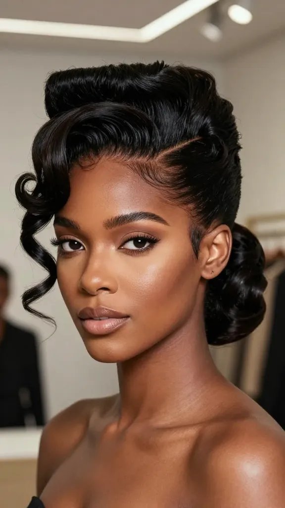 Create a hyper-realistic, high-resolution portrait of a stylish Black woman with an elegant textured flat-told updo as described: the crown flattened to create a sharp, architectural contrast with highly textured waves along the nape and sides. The top should be compacted with a lightweight gel to minimize bulk, while side waves cascade into a graceful waterfall behind one ear. The setting is a polished, modern backdrop suitable for business meetings or gallery openings, with sophisticated, neutral tones and soft studio lighting that highlights the sculptural contrast between the flat crown and the flowing waves. The subject should have confident, poised expression, clean makeup, and hair framing the face to emphasize the hairstyle&rsquo;s bold yet refined silhouette. No text on the image.