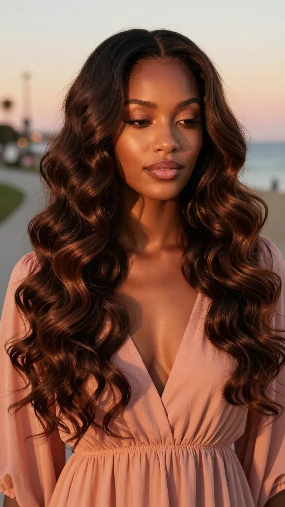 A high-resolution, lifelike portrait of a stylish Black woman with a Harvest Moon Wave Cascade: waves cascading from a gentle center part like a moonlit waterfall of texture, with soft, glossy, bouncy finger waves framing her face and flowing down past her shoulders. The lighting is warm and romantic, reminiscent of golden hour before sunset, casting a subtle glow on her smooth, hydrated curls. She wears a light, flowy dress in a sunset palette (peach or dusty rose) that complements the wave texture. Her makeup is natural and dewy, with a soft pink lip and a hint of shimmer on the eyelids, emphasizing a dreamy vibe. The hairstyle should look easy to maintain yet luxurious, with waves that appear hydrated and individually defined but cohesive as a cascade. The background is an ambient, softly blurred outdoor setting&mdash;perhaps a sunlit garden path or a quiet seaside promenade at dusk&mdash;to evoke date-night, sunset strolls, and a dreamy mood. No text on the image.