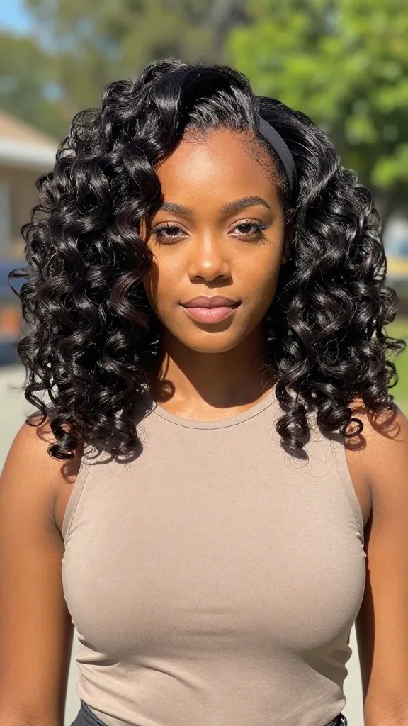 Create a photorealistic, high-resolution portrait of a Black woman modeling the "Minimalist High Wave Puff" hairstyle. The subject stands outdoors on a sunny day with a soft, natural background (slightly blurred greenery) to emphasize the hair. The hair features a voluminous high puff positioned at the crown with crisp, defined finger waves framing the face, creating a clean, modern look. The sides of the head are smooth and sleek for a strong, stark contrast to the textured waves of the puff. She wears a slim headband or a delicate scarf that sits just behind the hairline, adding a subtle accessory without overpowering the hairstyle. The outfit is simple and stylish&mdash;perhaps a solid-color, form-fitting top in a neutral shade&mdash;to keep the focus on the hair. The lighting is bright and natural, highlighting the shine and definition of the waves, with a relaxed, confident expression on her face. No text on the image.