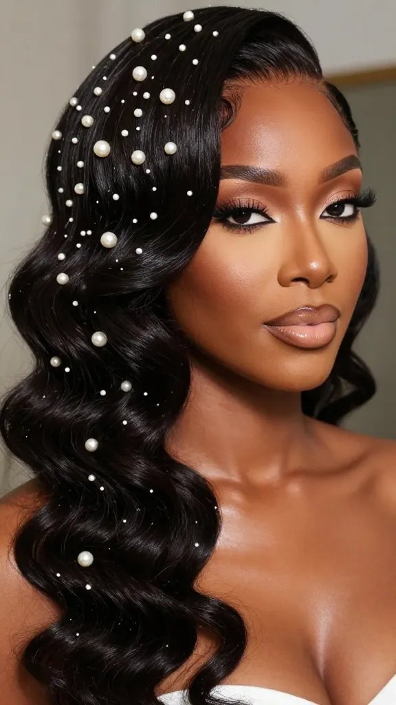 A high-resolution, close-up portrait of a Black woman with glossy zigzag finger waves styled neatly and flowing along the head. Subtle, evenly spaced pearls are delicately placed along a few select waves near the temple and along the crown, secured with tiny micro pins to prevent slippage. The lighting is soft and glamorous, highlighting the pearl accents and the texture of the waves. The background is softly blurred to emphasize the hairstyle and the subject&rsquo;s radiant, natural skin tone. The overall look is elegant and refined, suitable for a wedding or party, with a touch of sparkle that enhances the waves without overpowering them. The subject&rsquo;s expression is confident and poised, showcasing the sophisticated glamor of the zigzag wave accent. No text in the image.