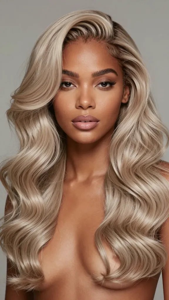 A high-resolution, photorealistic portrait of a Black woman with finger waves styled in an ashy blonde shade, featuring darker natural roots for a subtle contrast. The waves should be glossy and well-defined, reflecting soft studio lighting that highlights the cool ash blonde color and adds dimension to the texture. The subject should have smooth, even skin with a luminous, natural makeup look that complements the cool tones, and the background should be a neutral, softly blurred setting to keep full attention on the hairstyle. The overall mood is polished and contemporary, suitable for a fashion-forward editorial, with no visible text or signage in the image.