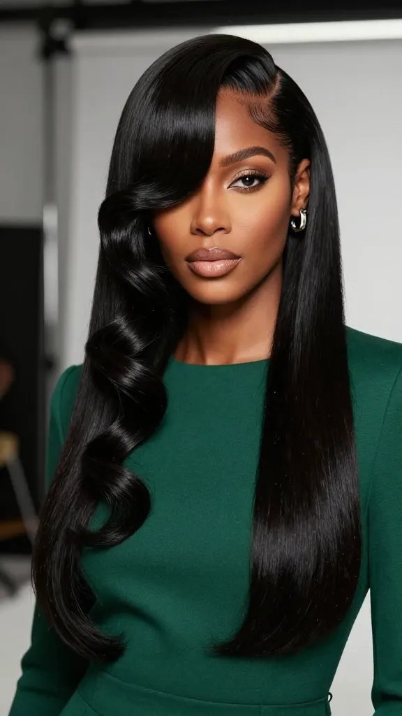 Create a high-resolution, photorealistic portrait of a stylish Black woman, head-and-shoulders shot, in a modern, fashion-forward setting (studio with soft, diffused lighting). Her hair features a bold asymmetrical finger wave ramp: starting high on one side near the temple with pronounced, glossy finger wave ridges that cascade diagonally downward toward the opposite shoulder, gradually tapering and blending into a sleek, smooth side on the other half. The opposite side remains sleek and tightly laid to emphasize the wave pattern, with a natural, healthy shine and well-defined edges. The subject wears minimal, glossy makeup with a neutral lip and well-groomed brows, and subtle highlight on the cheekbones. She dons a chic, solid-colored outfit (e.g., black or deep emerald) that contrasts with the hair, and a simple pair of earrings. The background should be blurred to keep focus on her bold hairstyle, with a confident, poised expression that conveys a fashion-forward, editorial vibe suitable for a magazine shoot. No text in the image.