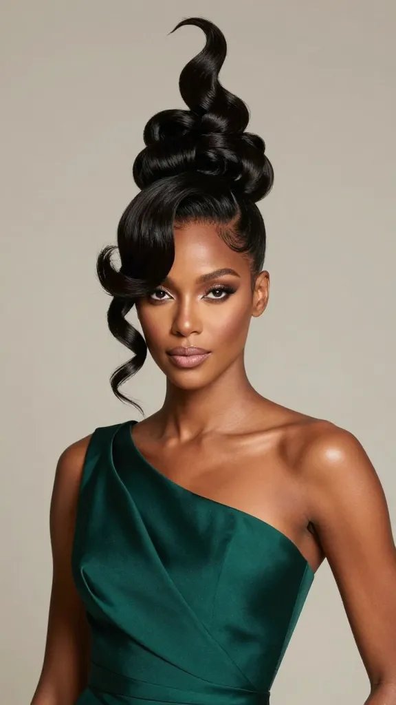 A high-fashion, editorial-quality portrait of an adult Black woman with a flawless, medium-dark skin tone, posing in a luxurious formal setting. She showcases the Cosmo-Glide Finger Wave Updo: hair styled into gravity-defying, upward-flowing finger waves that culminate in a polished, sculpted crown with glamorous volume. The waves should be sleek and defined, with a futuristic, glossy finish that catches subtle studio lighting. She wears a sophisticated, tailored evening gown in a rich jewel tone (emerald or sapphire) with clean lines and minimal embellishment to keep the focus on the hair. Soft, face-framing strands remain to enhance gentleness around the cheeks and jawline. The makeup is polished and high-fashion: luminous skin, bold but refined eyes (soft smoky or metallic accents), and a nude or softly tinted lip. Pose is confident and poised, shoulders slightly angled, accessory-free to emphasize the hair, with a luxurious, minimal backdrop in neutral tones, styled to suggest a high-end fashion shoot. No text on image.