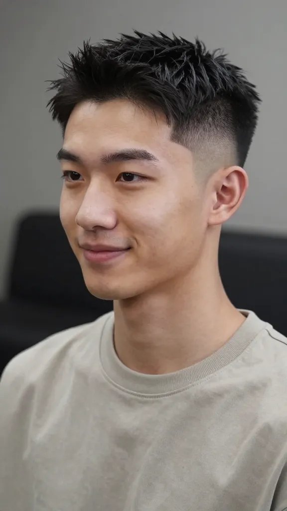 Create a high-resolution, realistic portrait of a stylish young man with a clean, mid fade haircut and a structured crew top. The sides are crisp with a mid fade using a clipper guard #4, transitioning to a neat 1.5 to 2 inch length on top styled into a tidy, wearable silhouette. The hair should have a slight, natural shine from a flexible pomade, giving controlled, polished texture without looking overly glossy. The subject projects a modern, confident vibe with a subtle smile and relaxed shoulders, wearing a simple, well-fitted casual shirt in a neutral tone. The background is softly blurred studio lighting that highlights the haircut&rsquo;s clean lines and the top&rsquo;s defined shape. The overall image should feel documentary-style yet aspirational, focusing on realism and high detail in hair texture, skin tone, and facial features. No text or logos in the image.
