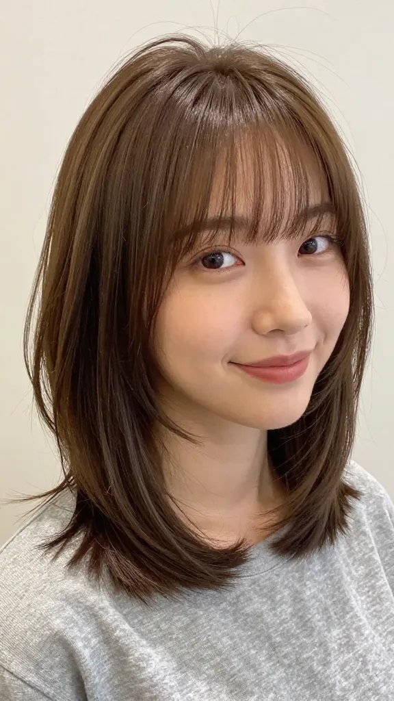 A high-resolution, realistic portrait of a stylish person with a soft, retro-modern mid fade and curtain bangs. The subject is positioned in a well-lit, natural-looking setting with a clean background. The hair features a clean mid fade starting just below the temples, with the top length between 2.5 and 3 inches, styled into light, parted curtain bangs that frame the face softly. The bangs sweep gently to either side, creating a flattering forehead line. The overall look suits oval or heart-shaped faces, with a gentle, approachable expression as the subject smiles slightly and looks toward the camera. The lighting highlights the shine and texture of the hair, showing movement as if caught mid-talk or mid-laugh. The hairstyle should appear polished yet effortless, with natural volume and smooth, silky strands, and the subject should be dressed in casual, stylish attire that complements the retro-modern vibe. No text or logos in the image.