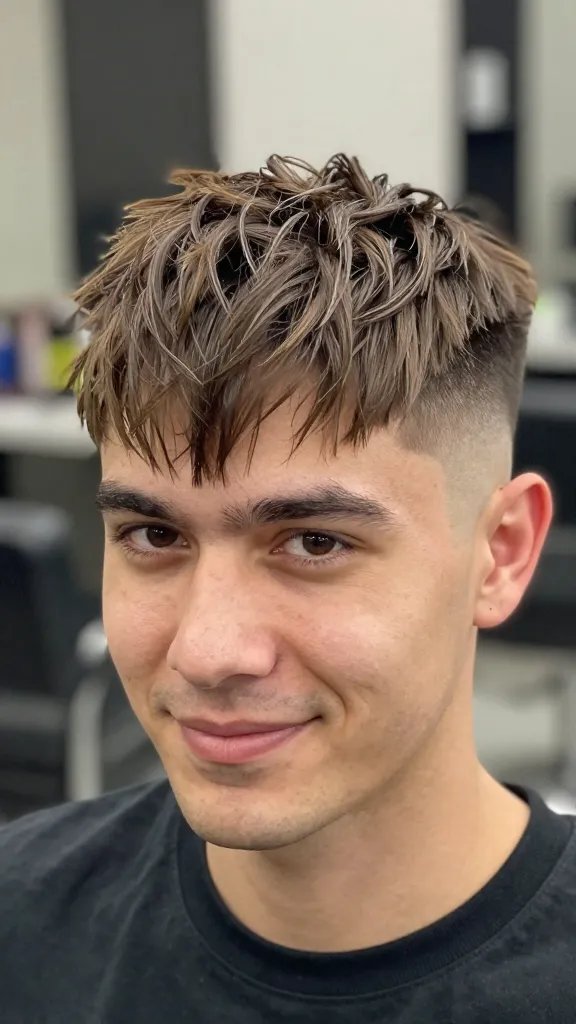 Create a high-resolution, photorealistic portrait of a man with a textured fringe mid fade, standing in a modern, softly lit barbershop. The hairstyle features a mid fade that blends seamlessly into a textured fringe of 1 to 1.5 inches, with choppy, layered top texture that looks natural and dynamic. Use light clay or paste for a subtle, controlled shine that enhances definition without stiffness. The subject has a confident, approachable expression, slight smile, and direct gaze toward the camera to convey personality and style. The fade should start around the temples and blend smoothly into the crown, with the fringe slightly longer in the center to create a flattering frame for the face. The overall look is playful and practical, suitable for everyday wear, and the lighting emphasizes the texture and movement of the hair while keeping the skin tones natural. No text on the image.