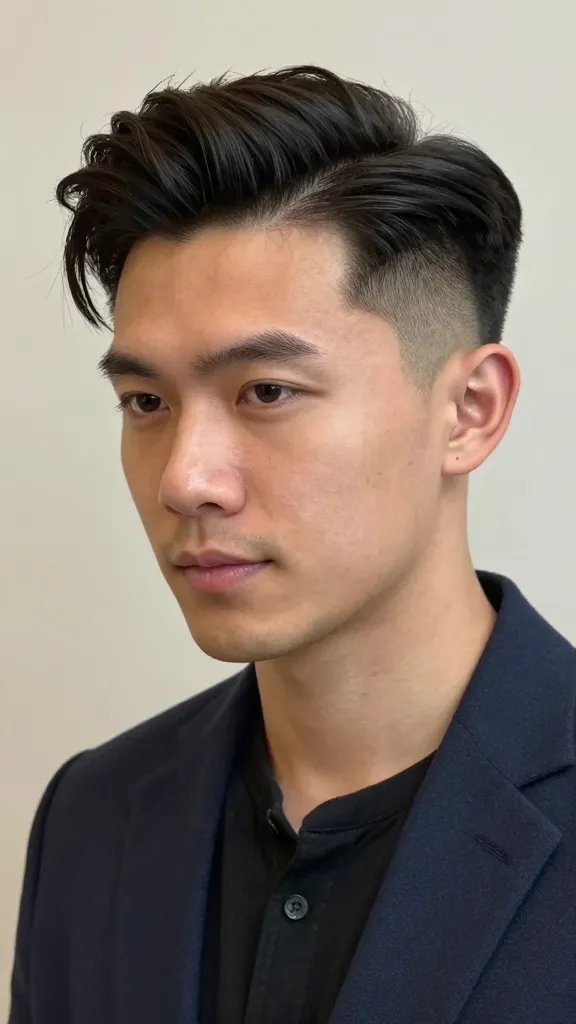 Create a high-resolution, realistic portrait-style photo of a stylish man with a gentle giant vibe: a mid fade haircut with a soft pompadour on top. The sides should be neatly faded from skin to short length, with clean line-ups around the temples for a crisp finish. The top pompadour should have gentle volume (about 2.5 to 3 inches in length), styled with a light to medium hold to maintain movement and a polished yet effortless look. The subject should exude a versatile, everyday-appropriate elegance suitable for work, dates, and weekend plans, wearing a smart-cleet-but-relaxed outfit (e.g., a well-fitted blazer or casual button-down) and a confident, approachable expression. Soft, natural lighting with a subtle, neutral background to keep the focus on the haircut and the subject's features. Realistic skin texture, lifelike hair detail, and natural shadows to emphasize the mid fade, line-up precision, and soft pompadour volume. No visible text.