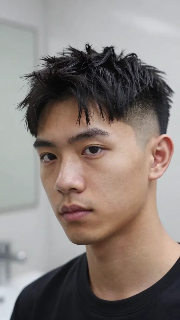A high-resolution, realistic portrait of a man with a strong jawline and angular features, posed in a clean, modern bathroom with soft natural light. The main subject is styled in a layered mid fade with a short quiff: top hair length about 2 to 2.5 inches, with a light lift that creates a casual, yet intentional height without pomp. The fade is medium height, blending smoothly into the sides. He has a confident, relaxed expression, slightly angled to the camera to emphasize the jawline. Hair texture shows volume and separation achieved with a volumizing spray and soft matte wax, giving a natural, non-shiny finish. The overall look is cool, understated, and versatile, suitable for everyday wear. The image should be ultra-realistic, with precise skin tones, detailed hair strands, and a shallow depth of field that keeps the subject sharp while softly blurring the background. No text on the image.