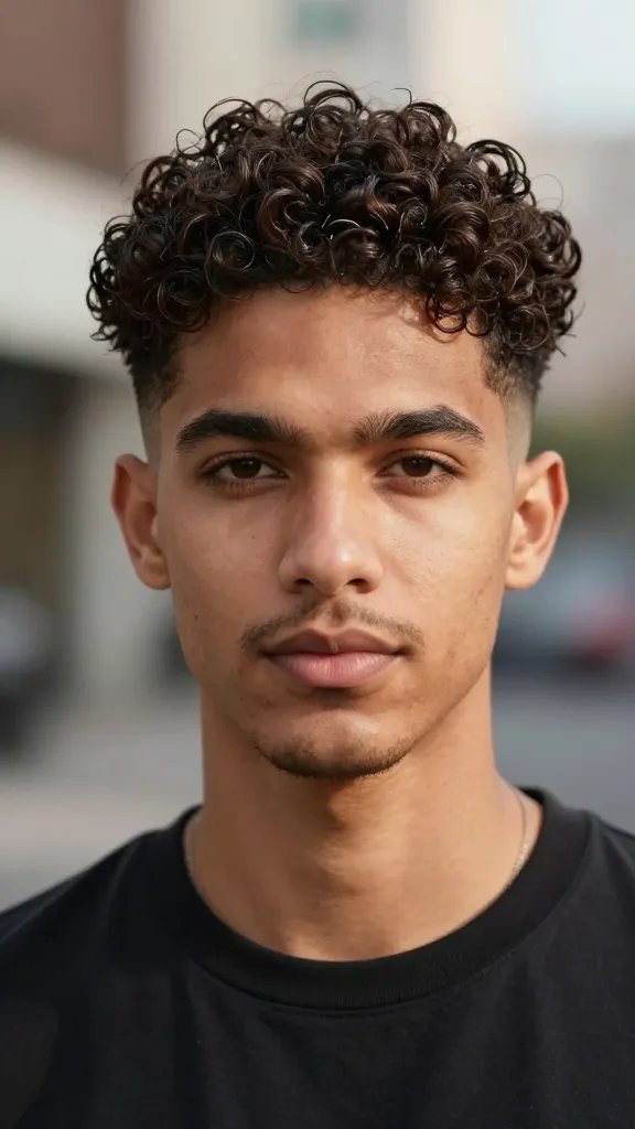 A high-resolution, photorealistic portrait of a stylish man with natural medium-length curls on top, 2 to 3 inches loose curl volume, wearing a soft mid fade with seamless, gradual blending into the sides. The subject has a calm, confident expression, natural skin tone, and well-defined facial features. Lighting is warm and natural, highlighting the curl texture and subtle sheen of a light leave-in conditioner in the curls. The background is a softly blurred urban or studio setting with neutral tones to keep the focus on the hair. No text or branding visible on the image. The hair showcases: medium fade, soft curls, puff-free look, and a hydrated, defined curl pattern achieved with diffuser-dried styling.